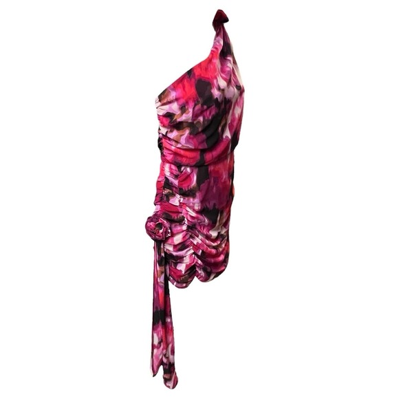Forever 21 One Shoulder Dress Size M Pink Black Abstract Ruched Bodycon Sexy New - Picture 4 of 11